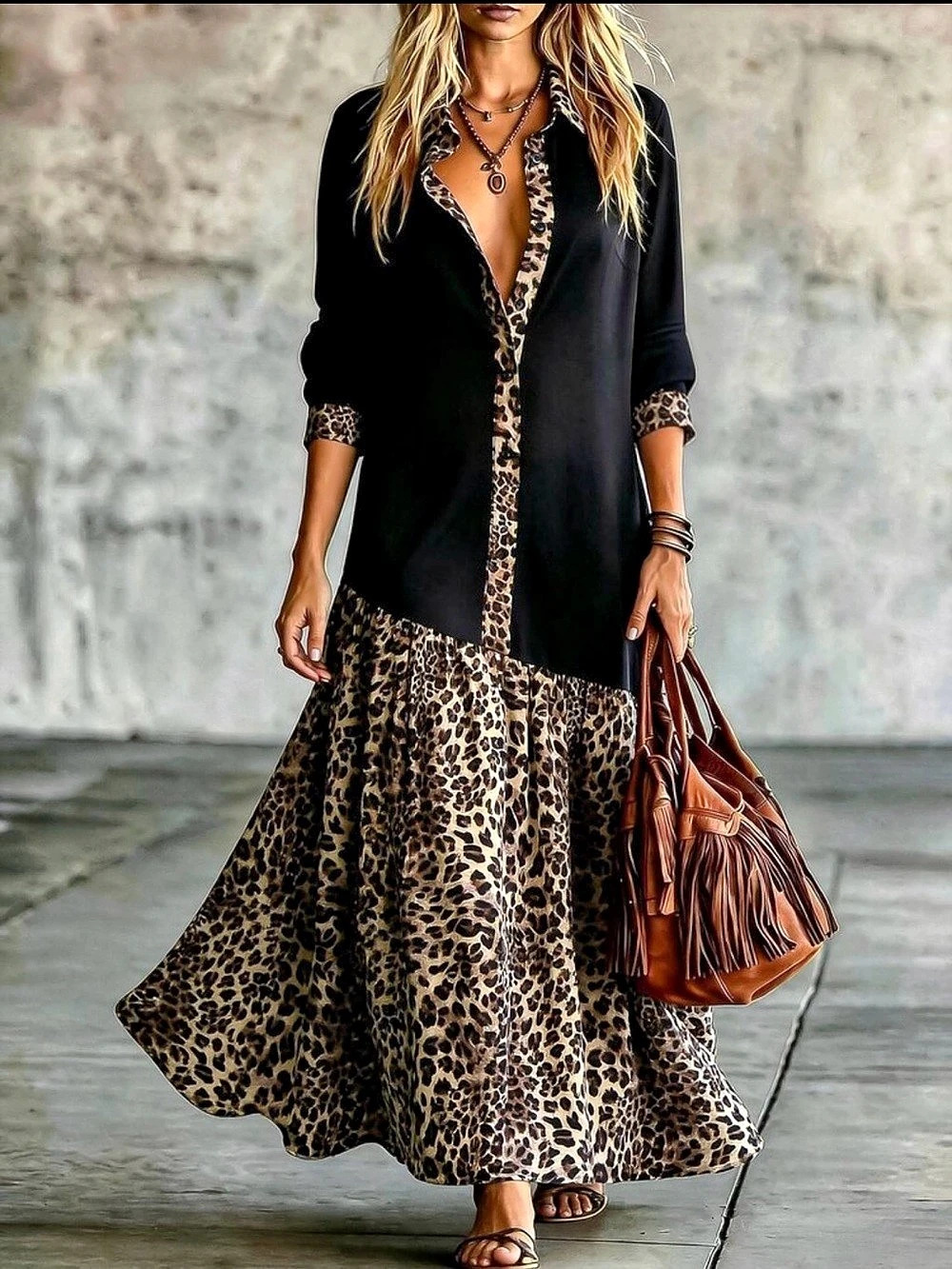 Leopard Print Maxi Dress in Black & Brown Like New